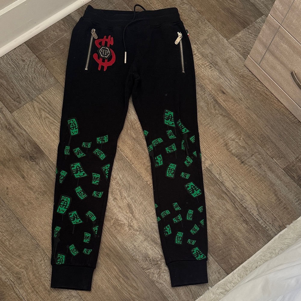 Men’s Philip Plein and Alec Monopoly Black Joggers Size men’s M with Green Print